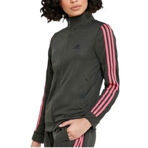 Adidas Zip-Up Dark Green Track Jacket with Pink Stripes, Size Small.